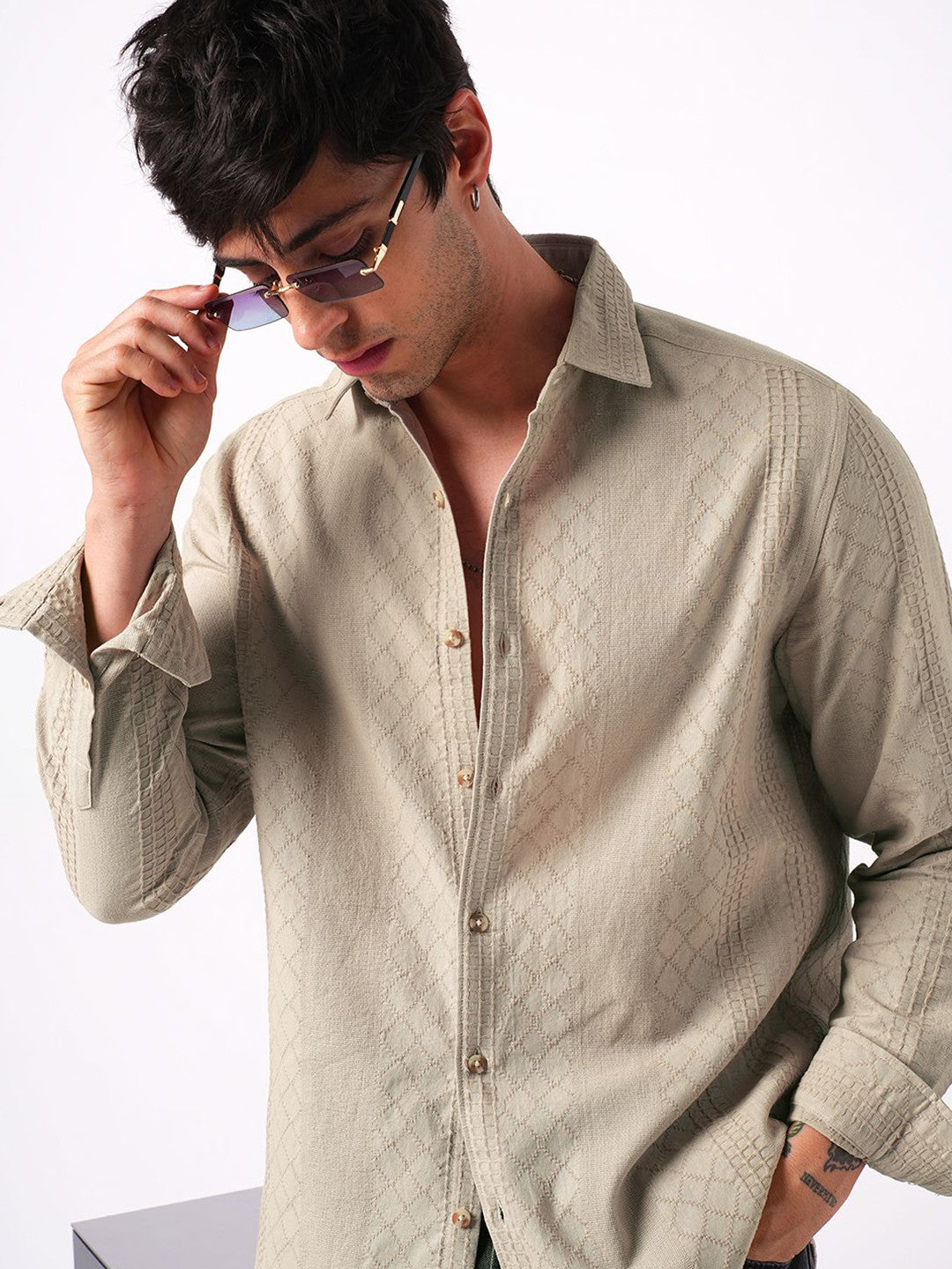 Classic Bisque Embroidered Slim Fit Cotton Casual Shirt