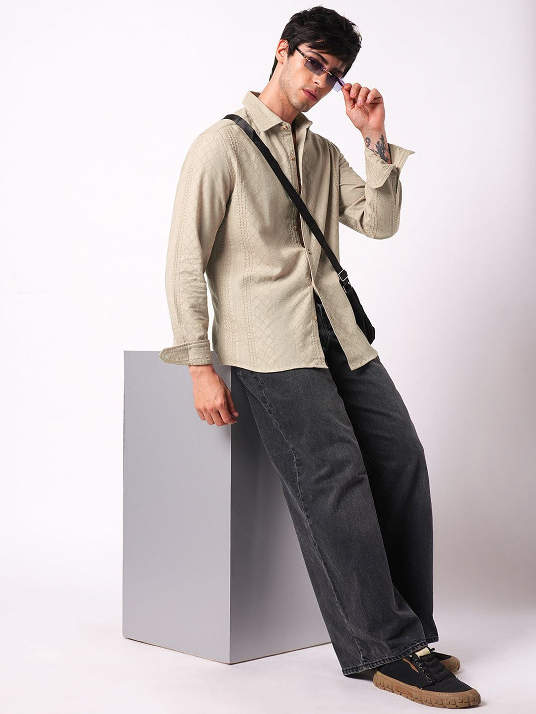 Classic Bisque Embroidered Slim Fit Cotton Casual Shirt