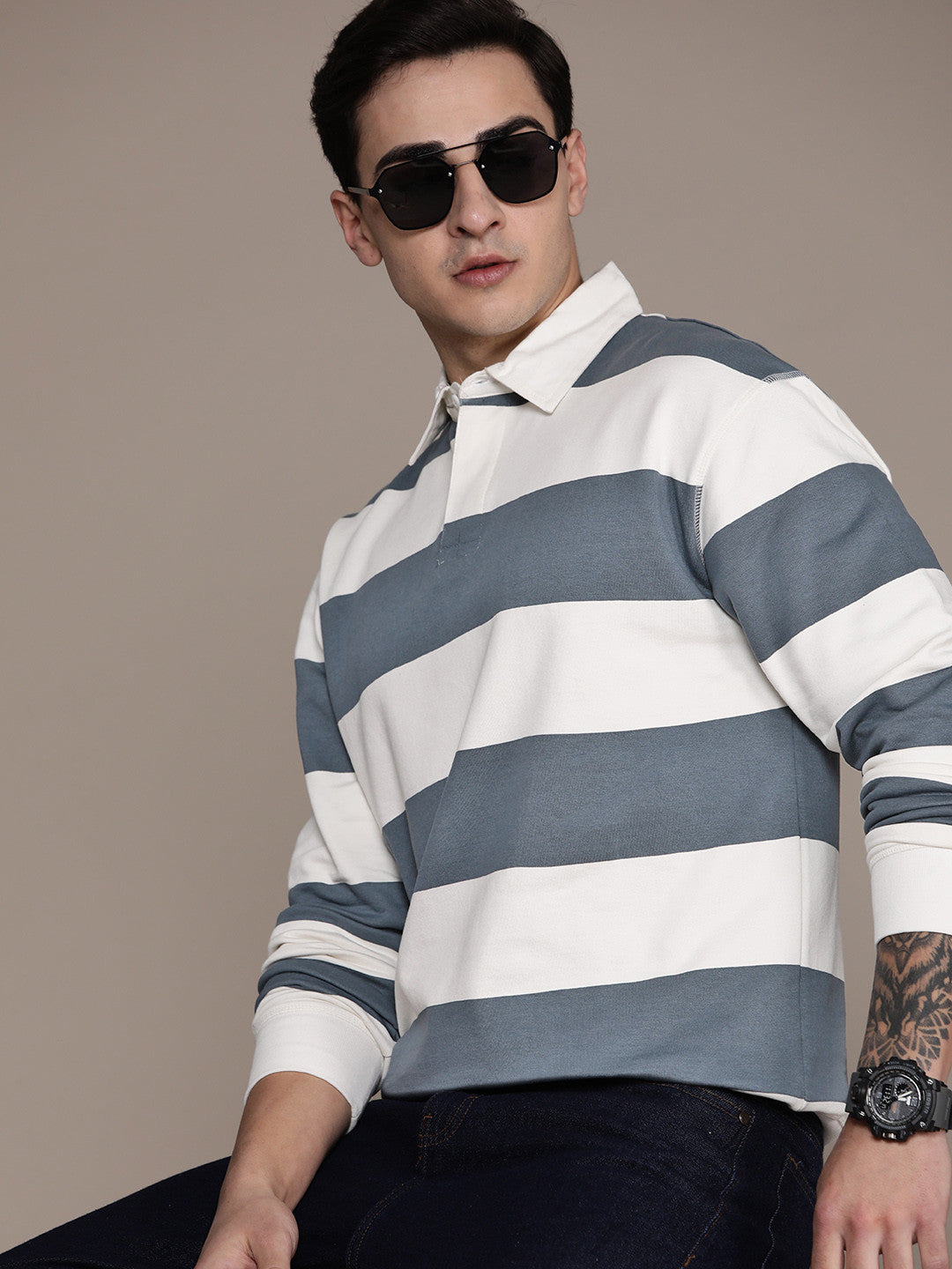 Men Striped Relaxed Fit Polo Collar T-shirt